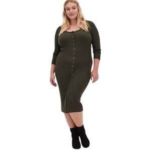 Torrid Plus Olive Green Rib Snap Button Front Bodycon Midi Dress Size 0 (12)